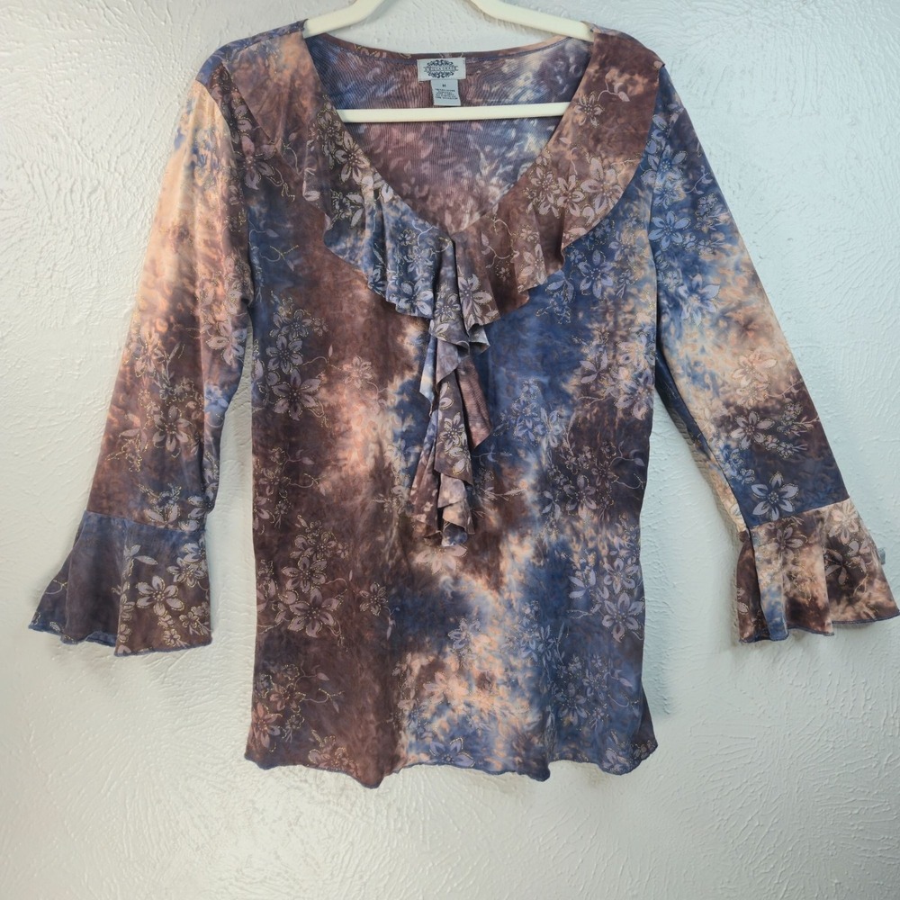 Y2k Fairy Blouse Top M Brown Blue Glitter Bell Sleeve Ruffle Whimsical Shirt